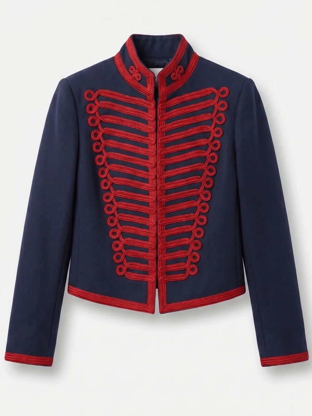 Navy Military-Style Cropped Blazer with Red Braid Trim